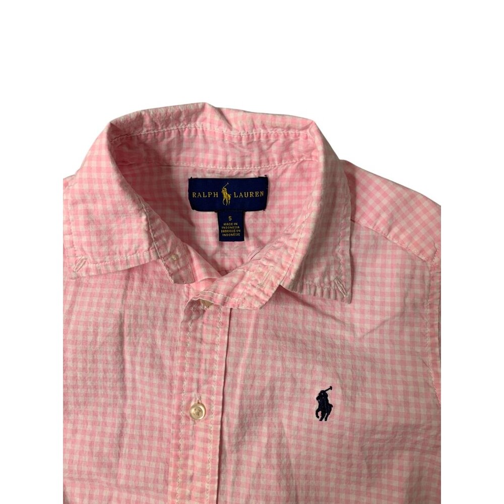 Ralph Lauren Boys Size 5 Button Up Pink Gingham Shirt Top Blue Tag and  HOrseman - Picture 2 of 4